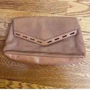 Rebecca Minkoff Perforated Leather Clutch Cognac Brown Magnetic Closure Purse